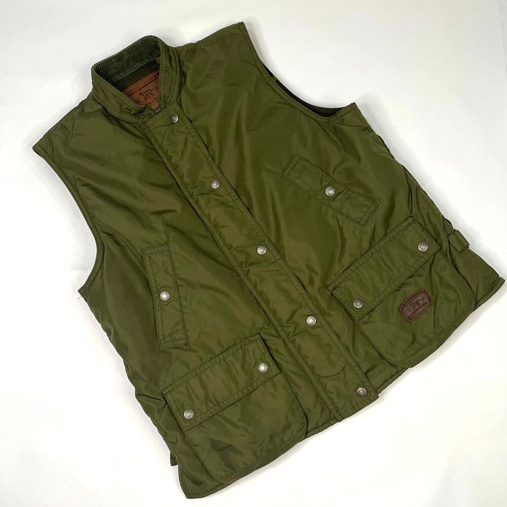 LAUREN RL Olive Green Quilted Vest Pockets‎ Corduroy Collar Dog Print Lining P/P